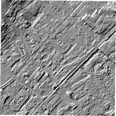 Shaded relief map of the ground around NG92AG, computed from Environment Agency LiDAR. The ground here sits at about 27 m above sea level and falls 5 m across the surrounding 800 m. The ground contributing surface water to this point lies to the south-west.