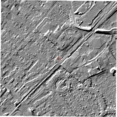 Shaded relief map of the ground around NG92AL, computed from Environment Agency LiDAR. The ground here sits at about 27 m above sea level and falls 8 m across the surrounding 800 m. Surface water reaching this point runs off ground lying to the north-east, 6.9 m higher.