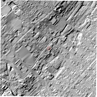 Shaded relief map of the ground around NG92AR, computed from Environment Agency LiDAR. The ground here sits at about 30 m above sea level and falls 13 m across the surrounding 800 m. Surface water reaching this point runs off ground lying to the west-north-west, 3.8 m higher.