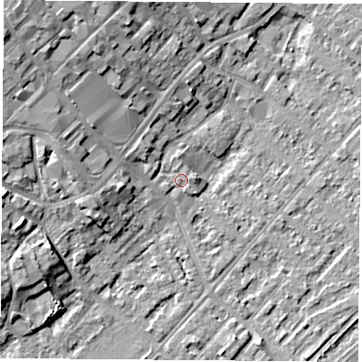 Shaded relief map of the ground around NG92AS, computed from Environment Agency LiDAR. The ground here sits at about 28 m above sea level and falls 11 m across the surrounding 800 m. Surface water reaching this point runs off ground lying to the west-south-west, 0.8 m higher.