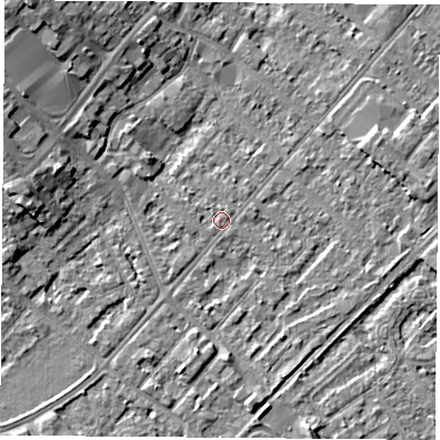 Shaded relief map of the ground around NG92BG, computed from Environment Agency LiDAR. The ground here sits at about 27 m above sea level and falls 8 m across the surrounding 800 m. Surface water reaching this point runs off ground lying to the west-north-west, 6.1 m higher.