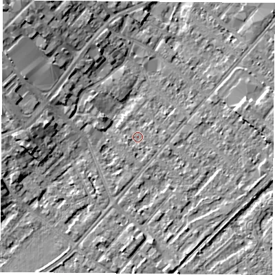 Shaded relief map of the ground around NG92BH, computed from Environment Agency LiDAR. The ground here sits at about 27 m above sea level and falls 9 m across the surrounding 800 m. Surface water reaching this point runs off ground lying to the south, 2.3 m higher.