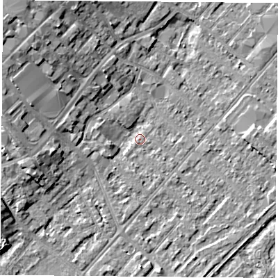 Shaded relief map of the ground around NG92BJ, computed from Environment Agency LiDAR. The ground here sits at about 27 m above sea level and falls 10 m across the surrounding 800 m. Surface water reaching this point runs off ground lying to the west-north-west, 7.4 m higher.