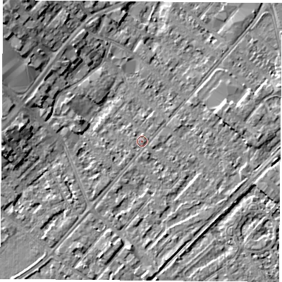 Shaded relief map of the ground around NG92BN, computed from Environment Agency LiDAR. The ground here sits at about 27 m above sea level and falls 9 m across the surrounding 800 m. Surface water reaching this point runs off ground lying to the west, 5.6 m higher.