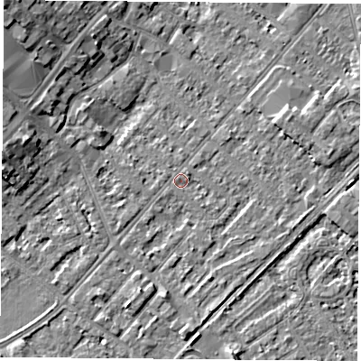 Shaded relief map of the ground around NG92BP, computed from Environment Agency LiDAR. The ground here sits at about 27 m above sea level and falls 8 m across the surrounding 800 m. Surface water reaching this point runs off ground lying to the south-south-west, 2.3 m higher.