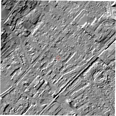 Shaded relief map of the ground around NG92BQ, computed from Environment Agency LiDAR. The ground here sits at about 27 m above sea level and falls 6 m across the surrounding 800 m. Surface water reaching this point runs off ground lying to the south-west, 2.3 m higher.