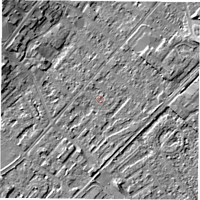 Shaded relief map of the ground around NG92BS, computed from Environment Agency LiDAR. The ground here sits at about 27 m above sea level and falls 7 m across the surrounding 800 m. Surface water reaching this point runs off ground lying to the south-west, 2.3 m higher.