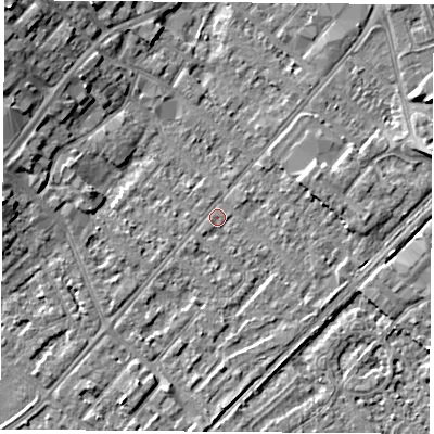 Shaded relief map of the ground around NG92BT, computed from Environment Agency LiDAR. The ground here sits at about 27 m above sea level and falls 9 m across the surrounding 800 m. Surface water reaching this point runs off ground lying to the south-south-west, 2.3 m higher.