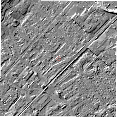 Shaded relief map of the ground around NG92BU, computed from Environment Agency LiDAR. The ground here sits at about 27 m above sea level and falls 7 m across the surrounding 800 m. Surface water reaching this point runs off ground lying to the south-east, 1.0 m higher.