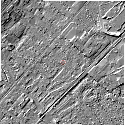 Shaded relief map of the ground around NG92BW, computed from Environment Agency LiDAR. The ground here sits at about 27 m above sea level and falls 8 m across the surrounding 800 m. Surface water reaching this point runs off ground lying to the south-west, 2.3 m higher.