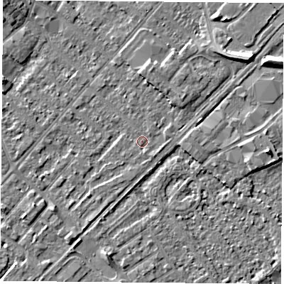 Shaded relief map of the ground around NG92BX, computed from Environment Agency LiDAR. The ground here sits at about 27 m above sea level and falls 8 m across the surrounding 800 m. Surface water reaching this point runs off ground lying to the east-south-east, 1.0 m higher.