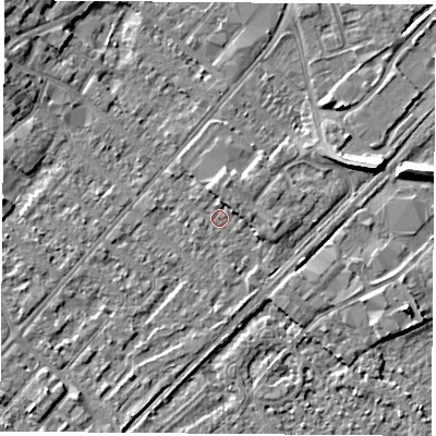 Shaded relief map of the ground around NG92BY, computed from Environment Agency LiDAR. The ground here sits at about 27 m above sea level and falls 8 m across the surrounding 800 m. Surface water reaching this point runs off ground lying to the east-north-east, 6.9 m higher.