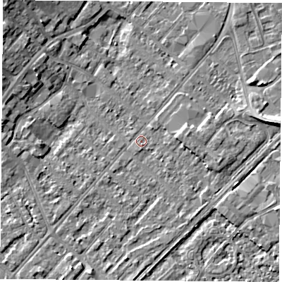 Shaded relief map of the ground around NG92BZ, computed from Environment Agency LiDAR. The ground here sits at about 27 m above sea level and falls 8 m across the surrounding 800 m. Surface water reaching this point runs off ground lying to the east, 4.6 m higher.