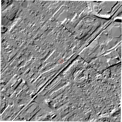 Shaded relief map of the ground around NG92DG, computed from Environment Agency LiDAR. The ground here sits at about 27 m above sea level and falls 8 m across the surrounding 800 m. The ground contributing surface water to this point lies to the east-south-east.
