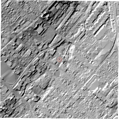 Shaded relief map of the ground around NG92DH, computed from Environment Agency LiDAR. The ground here sits at about 27 m above sea level and falls 12 m across the surrounding 800 m. Surface water reaching this point runs off ground lying to the west, 4.3 m higher.