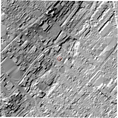 Shaded relief map of the ground around NG92DJ, computed from Environment Agency LiDAR. The ground here sits at about 27 m above sea level and falls 12 m across the surrounding 800 m. Surface water reaching this point runs off ground lying to the west, 2.9 m higher.