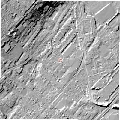 Shaded relief map of the ground around NG92DQ, computed from Environment Agency LiDAR. The ground here sits at about 26 m above sea level and falls 12 m across the surrounding 800 m. Surface water reaching this point runs off ground lying to the south-east, 6.8 m higher.