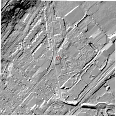 Shaded relief map of the ground around NG92DT, computed from Environment Agency LiDAR. The ground here sits at about 27 m above sea level and falls 13 m across the surrounding 800 m. Surface water reaching this point runs off ground lying to the north-north-east, 0.5 m higher.