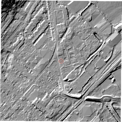Shaded relief map of the ground around NG92DU, computed from Environment Agency LiDAR. The ground here sits at about 27 m above sea level and falls 11 m across the surrounding 800 m. Surface water reaching this point runs off ground lying to the south-south-east, 6.8 m higher.