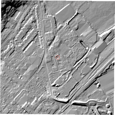 Shaded relief map of the ground around NG92DW, computed from Environment Agency LiDAR. The ground here sits at about 27 m above sea level and falls 12 m across the surrounding 800 m. Surface water reaching this point runs off ground lying to the north-west, 0.6 m higher.