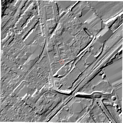 Shaded relief map of the ground around NG92DX, computed from Environment Agency LiDAR. The ground here sits at about 27 m above sea level and falls 9 m across the surrounding 800 m. Surface water reaching this point runs off ground lying to the north-north-west, 0.9 m higher.