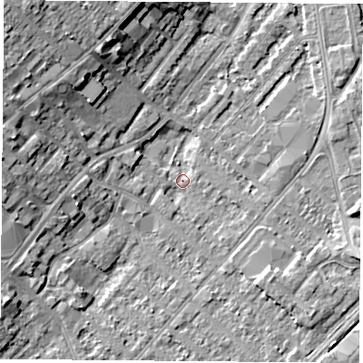 Shaded relief map of the ground around NG92DZ, computed from Environment Agency LiDAR. The ground here sits at about 26 m above sea level and falls 12 m across the surrounding 800 m. Surface water reaching this point runs off ground lying to the south-west, 1.7 m higher.