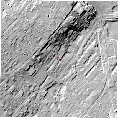 Shaded relief map of the ground around NG92EG, computed from Environment Agency LiDAR. The ground here sits at about 28 m above sea level and falls 13 m across the surrounding 800 m. Surface water reaching this point runs off ground lying to the north, 10.9 m higher.