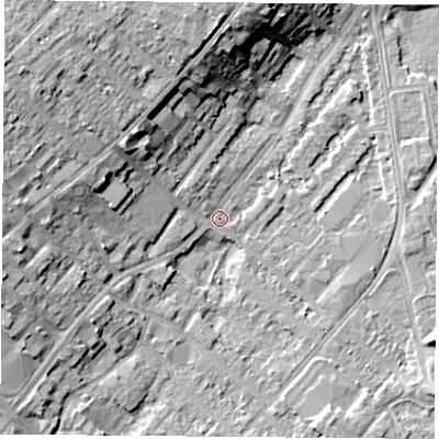 Shaded relief map of the ground around NG92EJ, computed from Environment Agency LiDAR. The ground here sits at about 27 m above sea level and falls 13 m across the surrounding 800 m. Surface water reaching this point runs off ground lying to the north-west, 11.3 m higher.