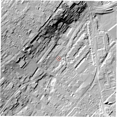 Shaded relief map of the ground around NG92EL, computed from Environment Agency LiDAR. The ground here sits at about 26 m above sea level and falls 12 m across the surrounding 800 m. Surface water reaching this point runs off ground lying to the west-north-west, 11.3 m higher.