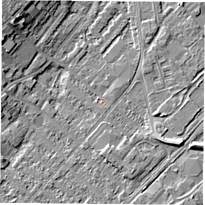 Shaded relief map of the ground around NG92EN, computed from Environment Agency LiDAR. The ground here sits at about 27 m above sea level and falls 10 m across the surrounding 800 m. Surface water reaching this point runs off ground lying to the east-south-east, 6.8 m higher.