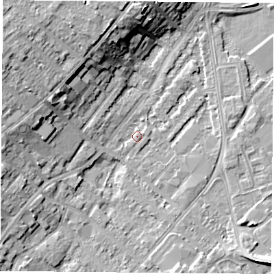 Shaded relief map of the ground around NG92EP, computed from Environment Agency LiDAR. The ground here sits at about 27 m above sea level and falls 12 m across the surrounding 800 m. Surface water reaching this point runs off ground lying to the north-west, 11.0 m higher.