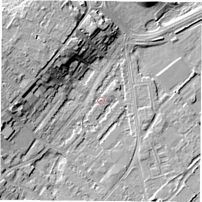 Shaded relief map of the ground around NG92ER, computed from Environment Agency LiDAR. The ground here sits at about 27 m above sea level and falls 13 m across the surrounding 800 m. Surface water reaching this point runs off ground lying to the west, 8.5 m higher.