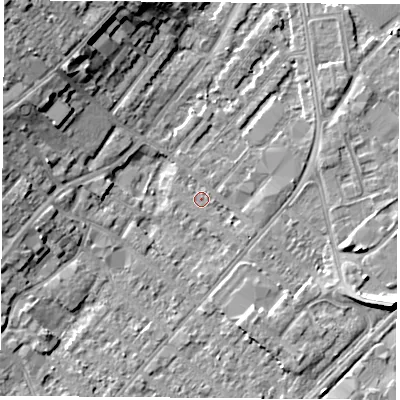 Shaded relief map of the ground around NG92ES, computed from Environment Agency LiDAR. The ground here sits at about 27 m above sea level and falls 11 m across the surrounding 800 m. Surface water reaching this point runs off ground lying to the east-south-east, 6.8 m higher.