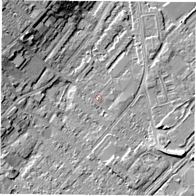 Shaded relief map of the ground around NG92ET, computed from Environment Agency LiDAR. The ground here sits at about 27 m above sea level and falls 11 m across the surrounding 800 m. Surface water reaching this point runs off ground lying to the south-east, 6.8 m higher.