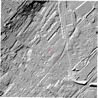 Shaded relief map of the ground around NG92EU, computed from Environment Agency LiDAR. The ground here sits at about 26 m above sea level and falls 12 m across the surrounding 800 m. Surface water reaching this point runs off ground lying to the south-east, 6.8 m higher.