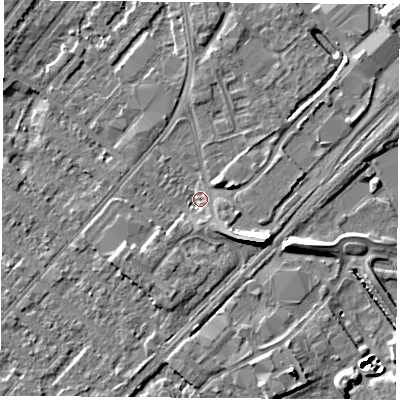 Shaded relief map of the ground around NG92EY, computed from Environment Agency LiDAR. The ground here sits at about 27 m above sea level and falls 9 m across the surrounding 800 m. Surface water reaching this point runs off ground lying to the east-south-east, 6.8 m higher.