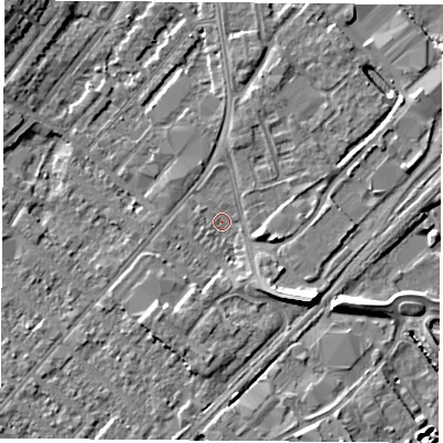 Shaded relief map of the ground around NG92EZ, computed from Environment Agency LiDAR. The ground here sits at about 26 m above sea level and falls 9 m across the surrounding 800 m. Surface water reaching this point runs off ground lying to the south-east, 6.8 m higher.