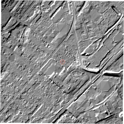 Shaded relief map of the ground around NG92FG, computed from Environment Agency LiDAR. The ground here sits at about 27 m above sea level and falls 9 m across the surrounding 800 m. Surface water reaching this point runs off ground lying to the east-south-east, 6.8 m higher.