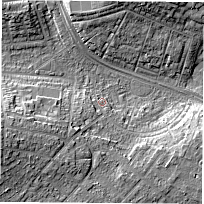 Shaded relief map of the ground around NG92GD, computed from Environment Agency LiDAR. The ground here sits at about 33 m above sea level and falls 16 m across the surrounding 800 m. Surface water reaching this point runs off ground lying to the west-south-west, 13.4 m higher.