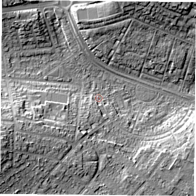 Shaded relief map of the ground around NG92GE, computed from Environment Agency LiDAR. The ground here sits at about 32 m above sea level and falls 17 m across the surrounding 800 m. Surface water reaching this point runs off ground lying to the south-south-west, 5.4 m higher.
