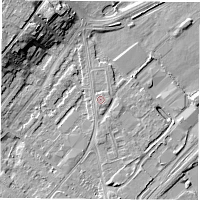 Shaded relief map of the ground around NG92GH, computed from Environment Agency LiDAR. The ground here sits at about 27 m above sea level and falls 14 m across the surrounding 800 m. Surface water reaching this point runs off ground lying to the south, 0.5 m higher.