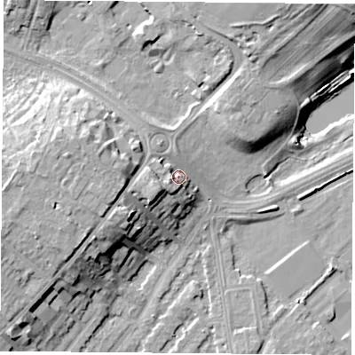 Shaded relief map of the ground around NG92GJ, computed from Environment Agency LiDAR. The ground here sits at about 32 m above sea level and falls 19 m across the surrounding 800 m. Surface water reaching this point runs off ground lying to the west-south-west, 6.3 m higher.