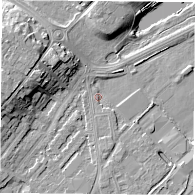 Shaded relief map of the ground around NG92GN, computed from Environment Agency LiDAR. The ground here sits at about 26 m above sea level and falls 14 m across the surrounding 800 m. Surface water reaching this point runs off ground lying to the south-east, 1.5 m higher.