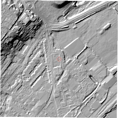 Shaded relief map of the ground around NG92GP, computed from Environment Agency LiDAR. The ground here sits at about 27 m above sea level and falls 14 m across the surrounding 800 m. Surface water reaching this point runs off ground lying to the south, 1.1 m higher.