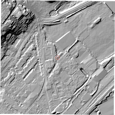 Shaded relief map of the ground around NG92GQ, computed from Environment Agency LiDAR. The ground here sits at about 27 m above sea level and falls 14 m across the surrounding 800 m. Surface water reaching this point runs off ground lying to the south-south-west, 1.3 m higher.