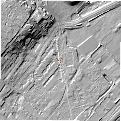 Shaded relief map of the ground around NG92GS, computed from Environment Agency LiDAR. The ground here sits at about 27 m above sea level and falls 14 m across the surrounding 800 m. Surface water reaching this point runs off ground lying to the east-south-east, 1.0 m higher.