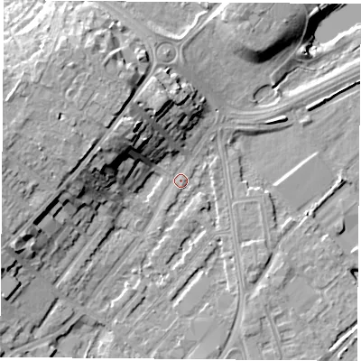 Shaded relief map of the ground around NG92GT, computed from Environment Agency LiDAR. The ground here sits at about 26 m above sea level and falls 14 m across the surrounding 800 m. Surface water reaching this point runs off ground lying to the north-west, 13.0 m higher.