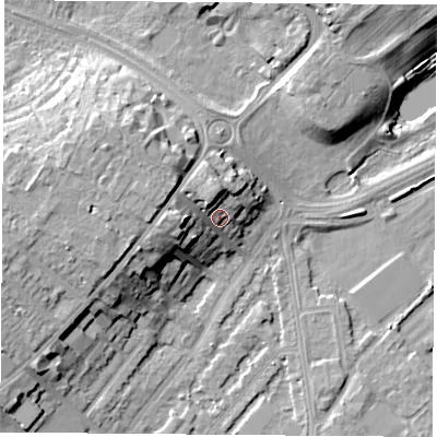 Shaded relief map of the ground around NG92GU, computed from Environment Agency LiDAR. The ground here sits at about 31 m above sea level and falls 14 m across the surrounding 800 m. Surface water reaching this point runs off ground lying to the north, 6.0 m higher.