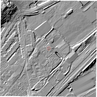 Shaded relief map of the ground around NG92GX, computed from Environment Agency LiDAR. The ground here sits at about 27 m above sea level and falls 11 m across the surrounding 800 m. The ground contributing surface water to this point lies to the east-south-east.