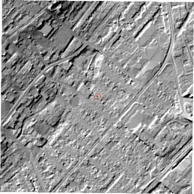 Shaded relief map of the ground around NG92JF, computed from Environment Agency LiDAR. The ground here sits at about 27 m above sea level and falls 11 m across the surrounding 800 m. Surface water reaching this point runs off ground lying to the west-north-west, 1.1 m higher.